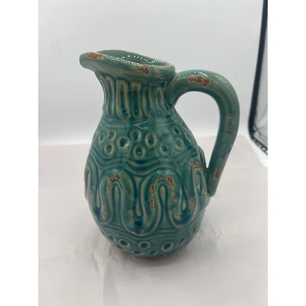 Turquoise Blue Creamer Pitcher Textured 8”